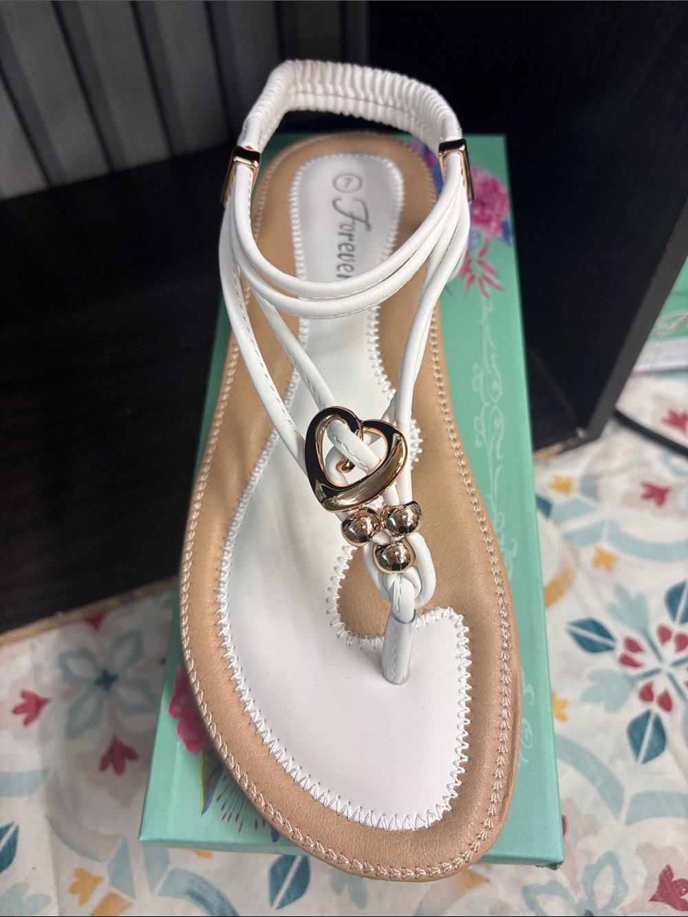 Forever 21 White T-Strap Sandals with Gold Heart Accent